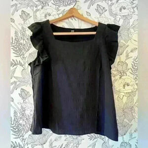 Black blouse with Ruffle Sleeves and Square Neck, Size XL